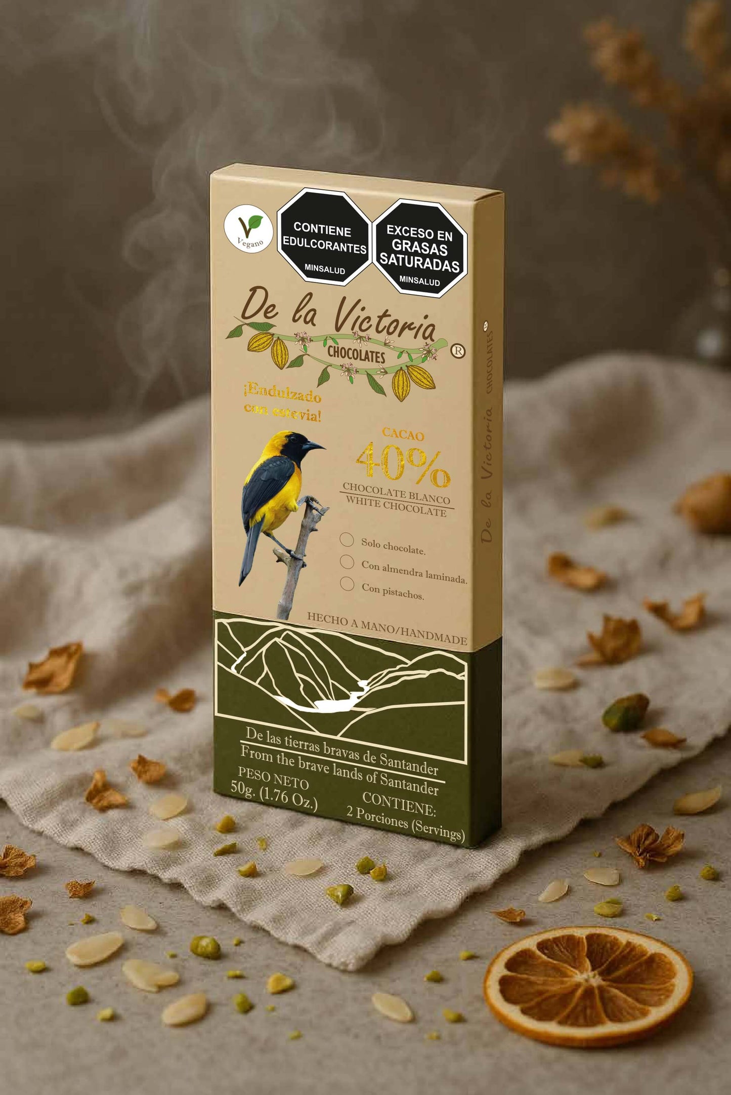 Barra de chocolate blanco al 40% con estevia.
