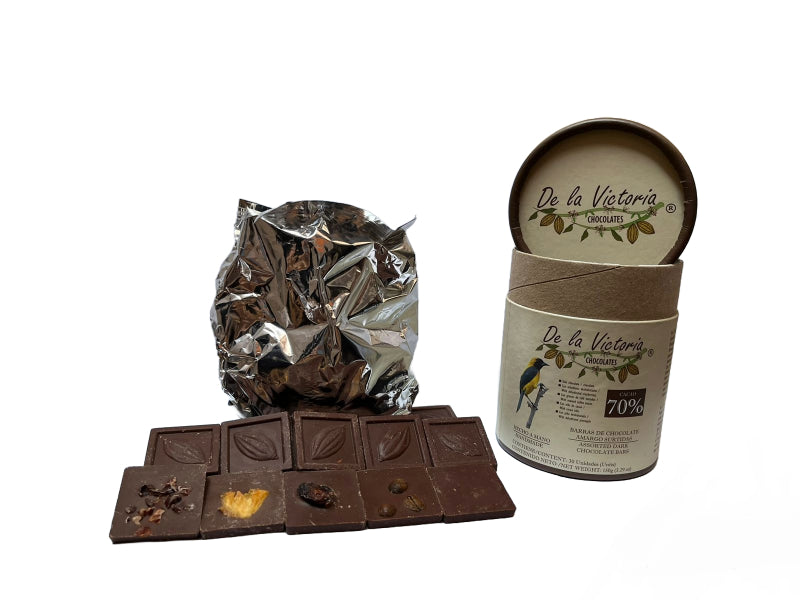 Mini barras de chocolate 70% cacao surtidas.