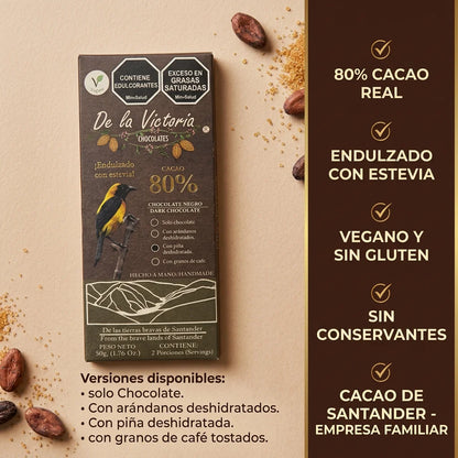 Barra 80% cacao con estevia (50g) | Dulzor sin azúcar añadida
