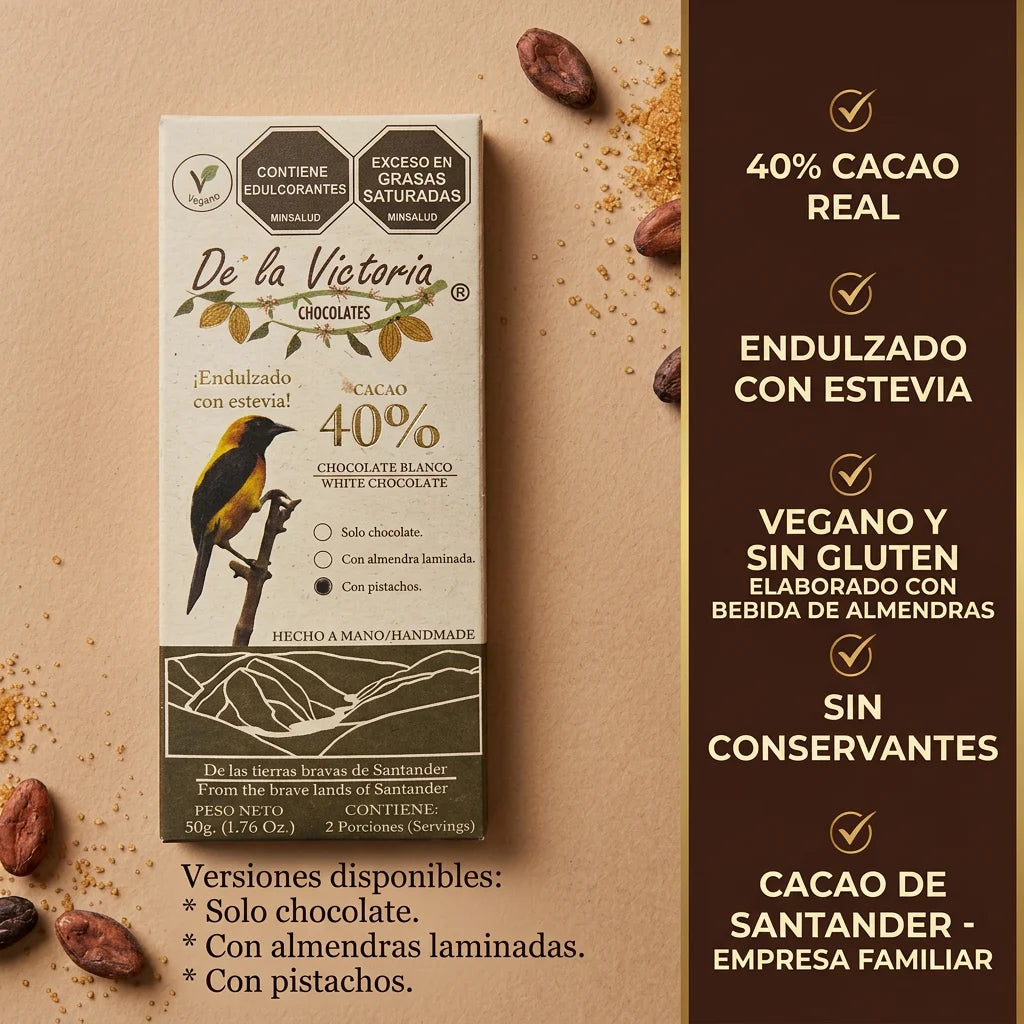 Barra chocolate blanco 40% cacao vegana (50g) | con estevia y bebida de almendras