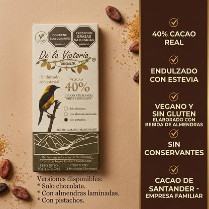 Barra chocolate blanco 40% cacao vegana (50g) | con estevia y bebida de almendras