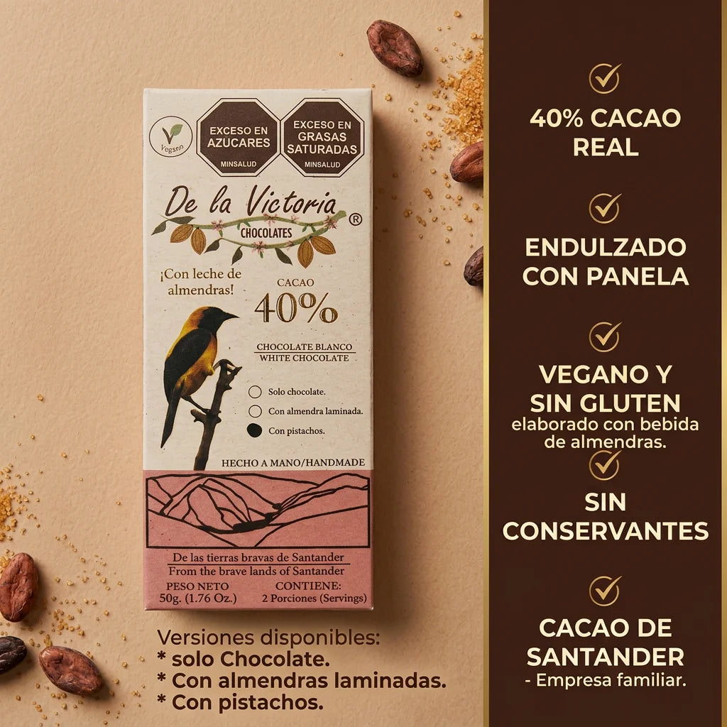 Barra chocolate blanco 40% cacao vegana (50g) |  con panela y bebida de almendras