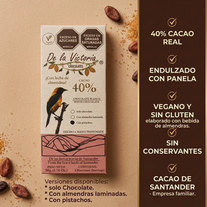 Barra chocolate blanco 40% cacao vegana (50g) |  con panela y bebida de almendras