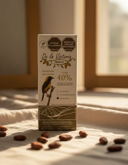 Barra de chocolate blanco al 40% con estevia.