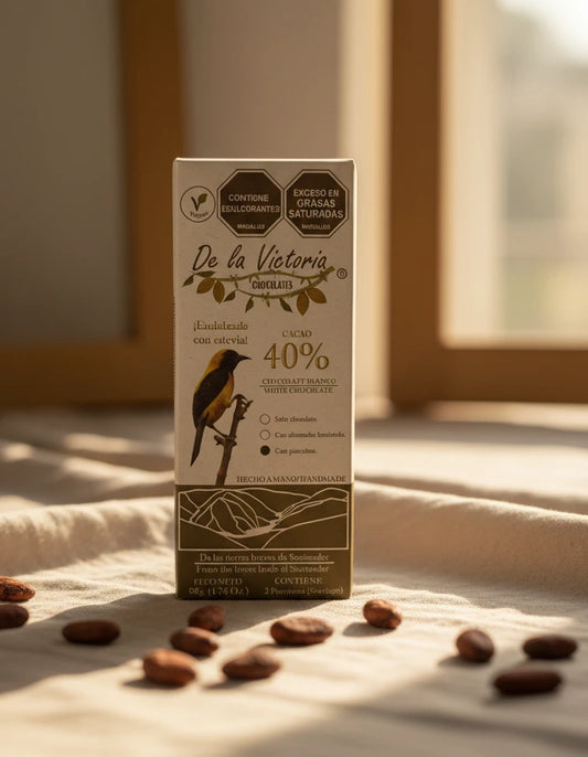 Barra de chocolate blanco al 40% con estevia.