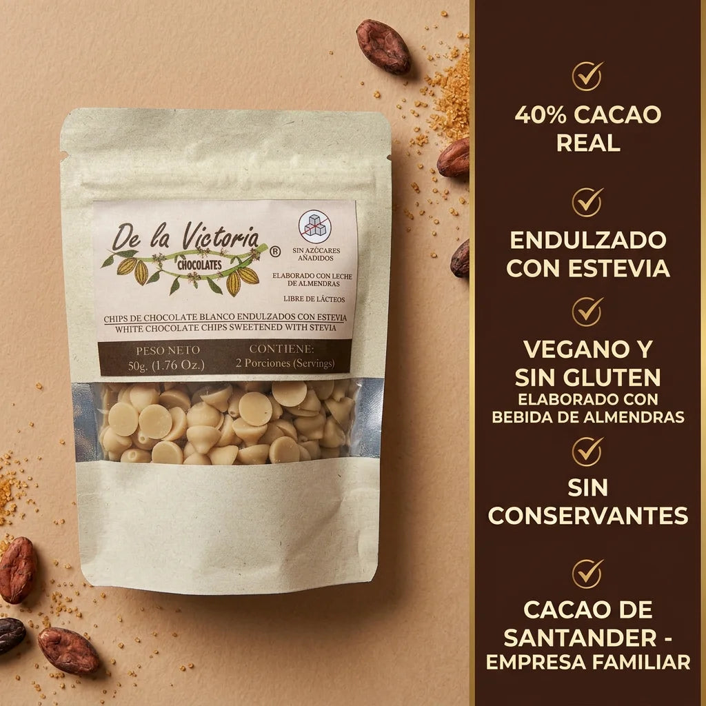 Chips chocolate blanco 40% cacao vegano (50g) |  con estevia y bebida de almendras