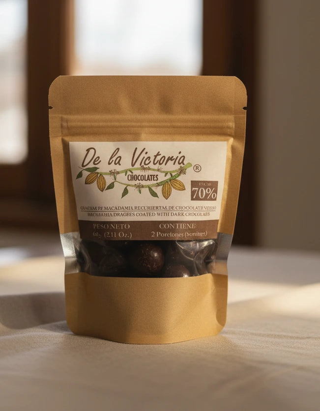 Grageas de macadamia cubiertas con chocolate negro