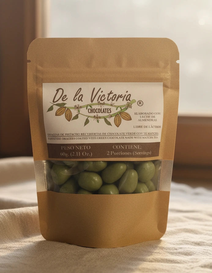 Grageas de pistacho cubiertas con chocolate verde con té matcha