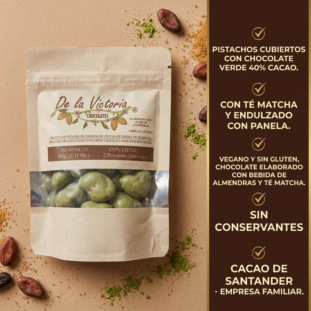 Grageas de pistacho con chocolate verde 40% cacao (60g) | Con bebida de almendras y Té matcha