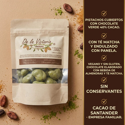 Grageas de pistacho con chocolate verde 40% cacao (60g) | Con bebida de almendras y Té matcha